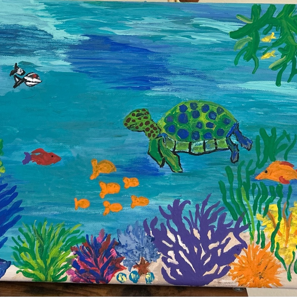 Colorful Sea Turtle Acrylic Painting in Blue and Green
Hand- painted